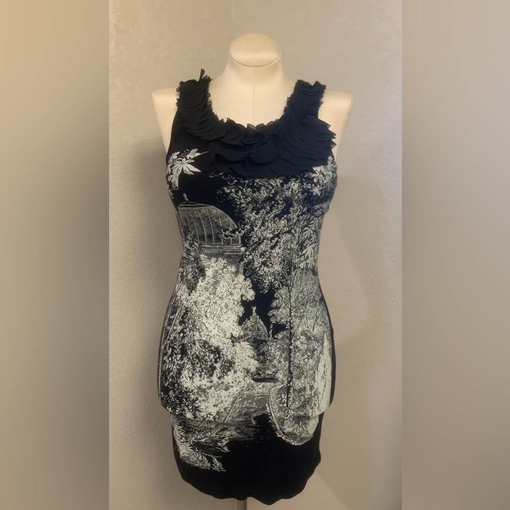 MNG by Mango Ladies XS Little Black Dress Ruffled Scoop Collar Print Stretch LBD